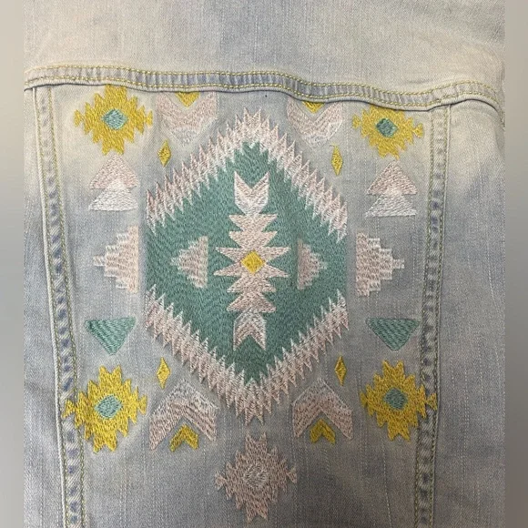 Aztec Faded Denim light blue Boho Festival Jacket with Embroidery XXS - Picture 5 of 5